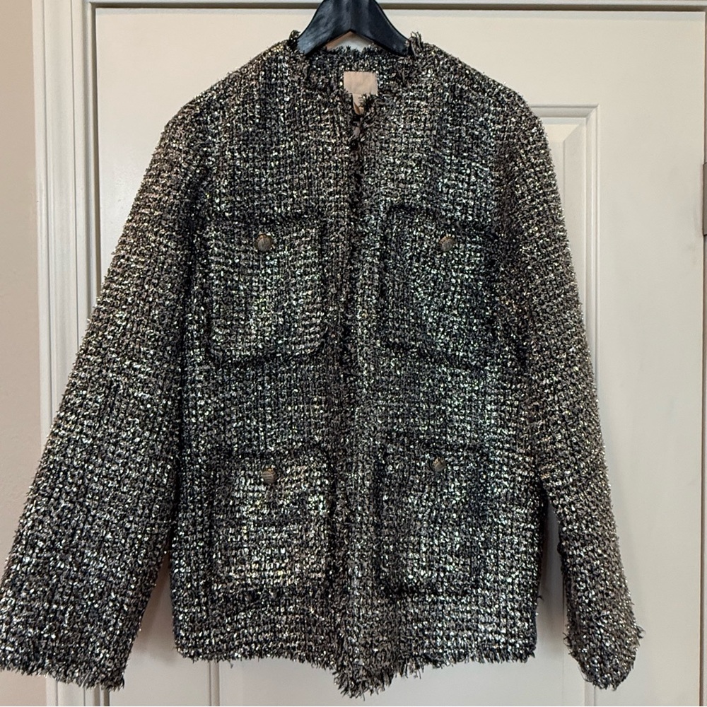 H&M Silver Tweed Jacket Size Medium NWT Long Sleeve Pockets
